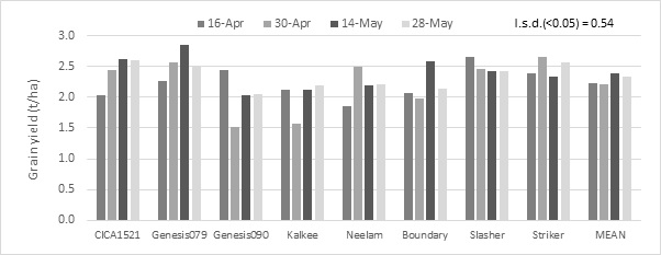 Column bar graph showing the grain yield of eight chickpea varieties sown across four different sowing dates at Leeton in 2018