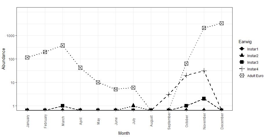Line graphs indicating the numbers of juvenile and adult earwigs present in trees recorded for each of the 12 months in a year