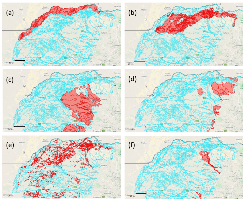 These six coloured images show select Moree Plains soil landscape units (SLUs) highlighted on map using eSPADE;  a) Mungindi (backplains and minor meander plains of the Barwon and Macintyre alluvial system),  b) Turrawah (floodplains and residual plains of the MacIntyre River fan system),  c) Gurley (remnant sheet-flood fan system), d) Mungle (undulating rises to hills mainly on sandstone), e) Boolcarrol (meander plains and levees), and f) Terry Hie Hie (palaeo-levee remnants on fan systems). See eSPADE for more.
