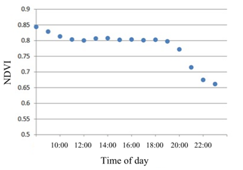 This scatter-plot shows the relationship between GreenSeeker® NDVI sensor readings and time of day  (adapted from Porter 2010).
