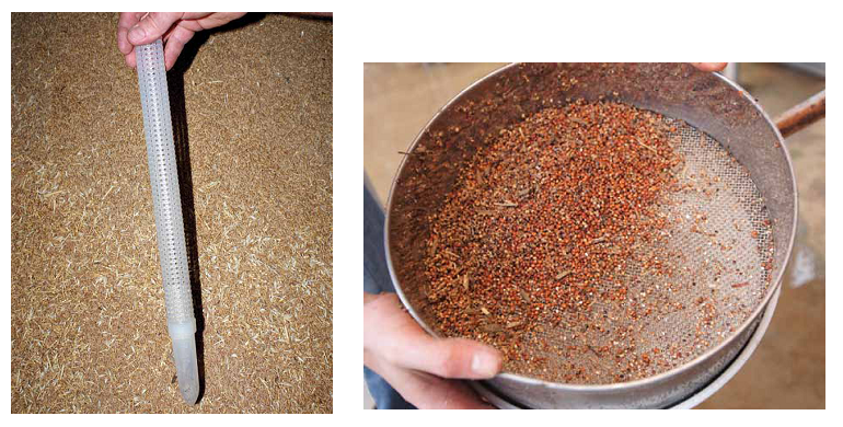 These two images show a probe trap (L) and an insect sieve (R) used for regular grain inspections
