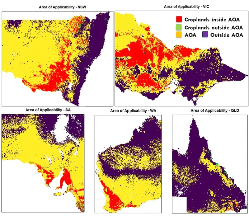 Figure 13. Maps of the five mainland states of Australia with croplands overlain on the Area of Applicability map.