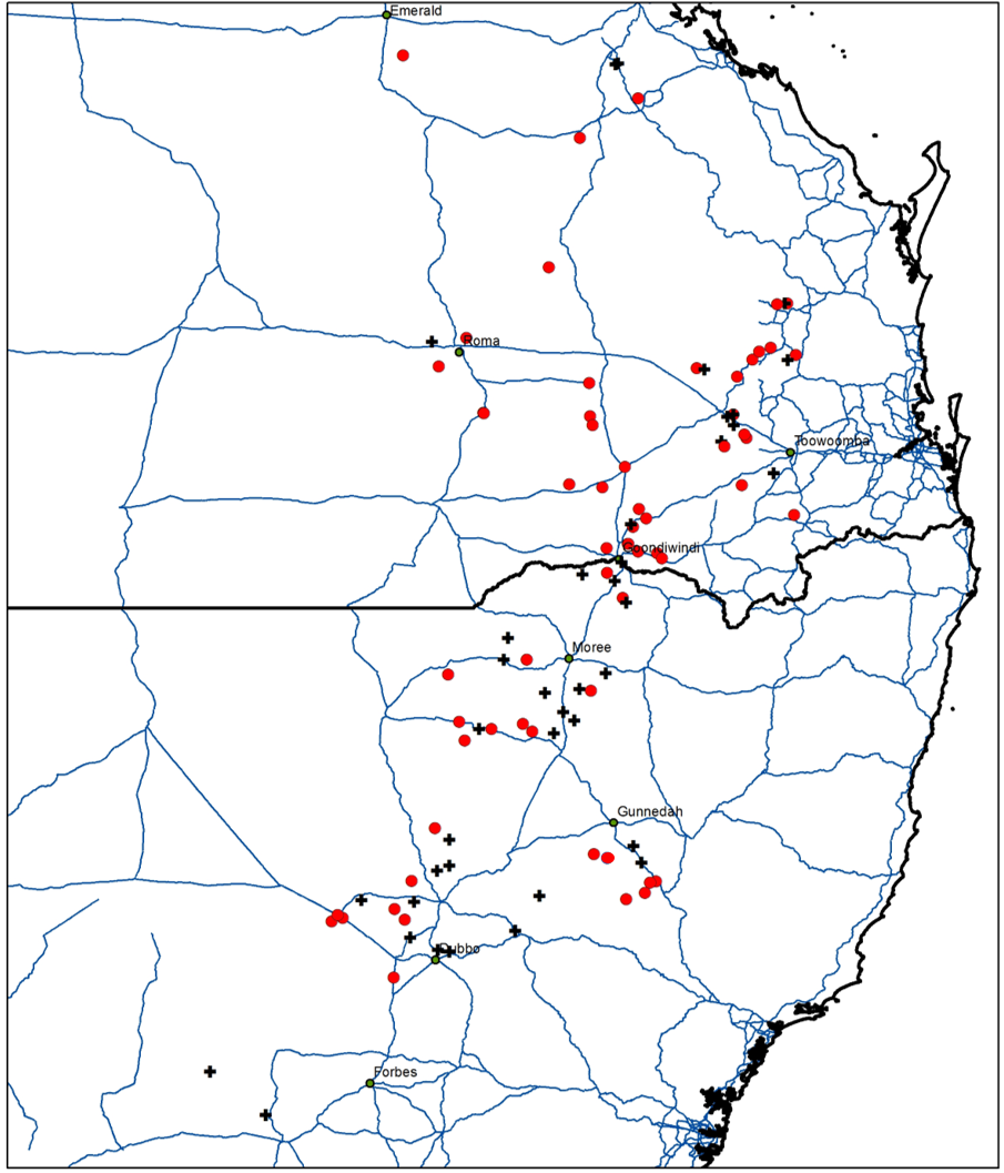 This map shows the distribution of glyphosate resistant flaxleaf fleabane populations across the northern grain cropping region. Red circles are resistant populations, while black crosses represent non-viable populations.