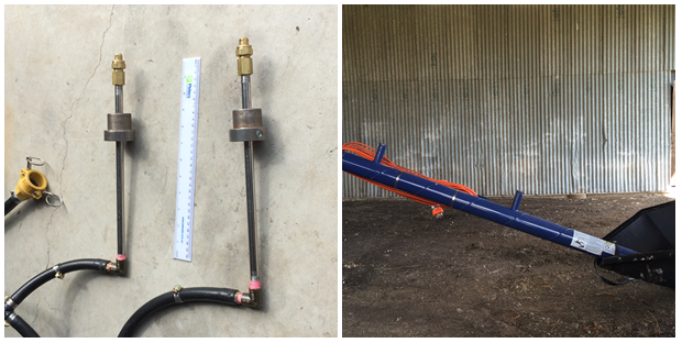 These two photographs show spray application equipment designed for good coverage by applying treatment at two points in the auger