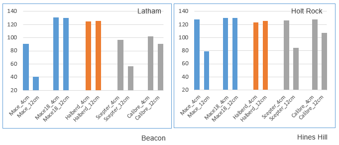 Figure 1. Mean numbers of plants per m² at four WA sites for shallow-sown (4cm) and deep-sown (12cm) MaceA Rht2 and Rht18 NILs ■, tall, long coleoptile variety Halberd ■, and commercial Rht2 dwarfing gene varieties ScepterA and CalibreA ■. Lsds were 8, 16, 6 and 6 plants per m² for Latham, Holt Rock, Beacon and Hines Hill, respectively.