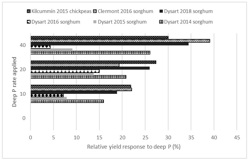 Bar graph showing mean relative grain yield responses to deep applied P treatments as a % of the zero P treatment, for those sites that had low Colwell P concentrations (< 8 mg/kg) in the top 10 cm of soil.