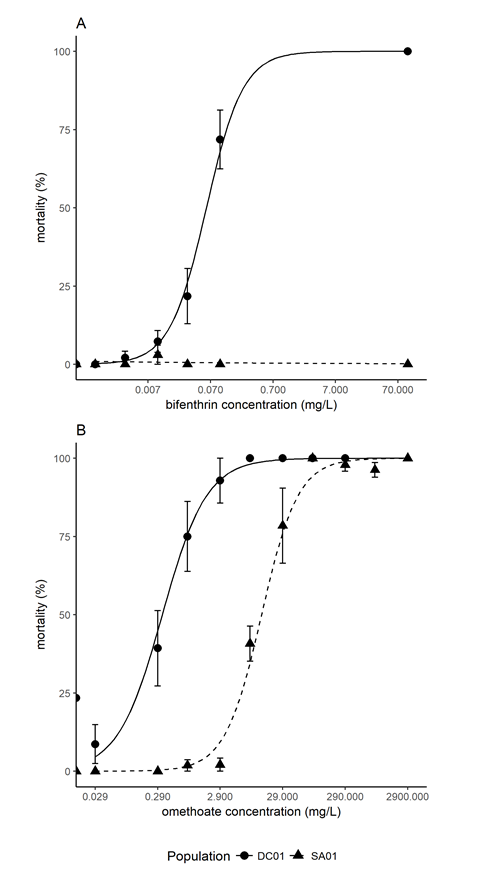 Figure 4 is two line graphs showing the concentration-mortality curves for redlegged earth mite from susceptible (DC01) and resistant (SA01) populations when exposed to a synthetic pyrethroid - bifenthrin (A) - and an organophosphate - omethoate (B) - after 8 h exposure. Vertical bars denote standard errors. Lines represent fitted values from fitted logistic regression models.