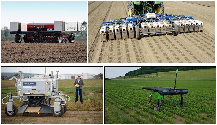 This is a set of four photos showing: Agrointelli robot, Blue River Technology tool, Bosch robot and Ecorobotix robot.
