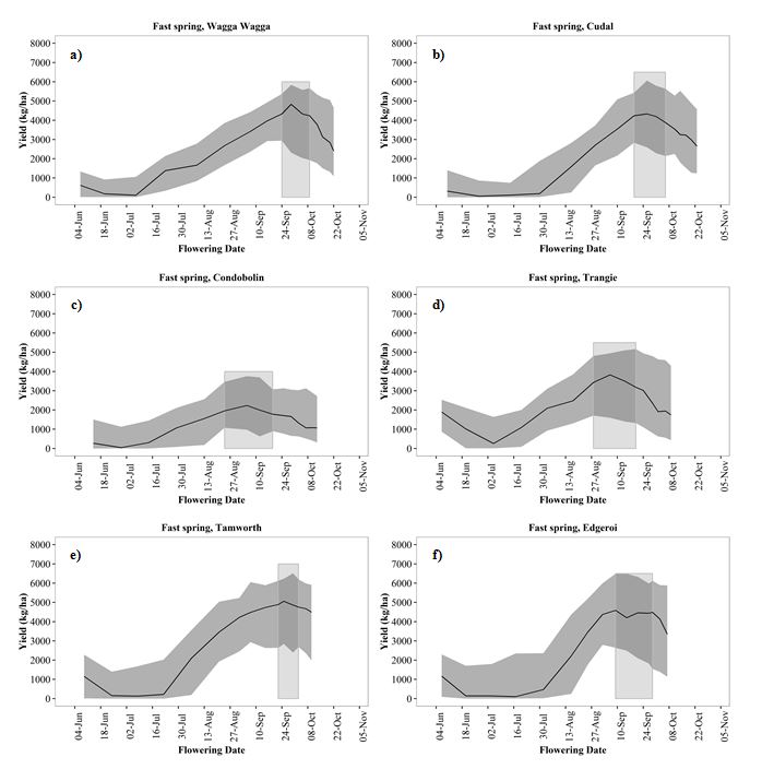 This is a set of eight graphs showing the ptimal flowering period (OFP) for a fast spring cultivar of wheat determined by APSIM simulation using methods of Flohr et al. (2017) for a) Wagga Wagga, b) Cudal, c) Condobolin, d) Trangie, e) Tamworth and f) Trangie. Black lines represent frost and heat limited yield (kg/ha), with standard deviation in grey. Shaded columns are the estimated OFP defined as ≥ 95% of the maximum mean yield. The OFP varied significantly in timing and duration, as well as for different yield levels across environments.
