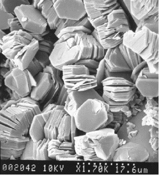 This photo shows scanning electron micrograph of aggregated clay platelets