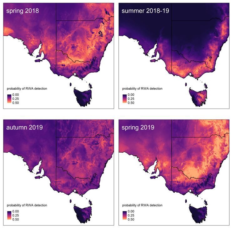 Figure 5. Graphic Predictions of suitable condition for RWA occurrence across the 2018 to 2019 green bridge period.  
