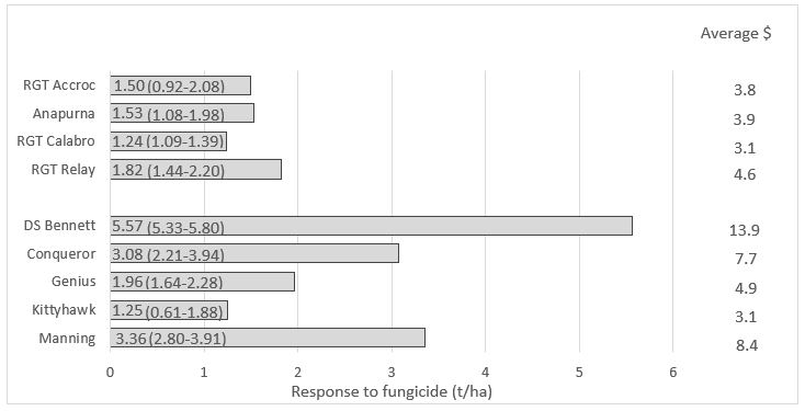 Yield measured as tonnes per hectare and economic response measured as dollars returned for dollars spent  to fungicide in nine cultivars of wheat under supplementary irrigation