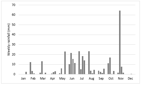 Figure 1. Weekly rainfall at Bute in 2021. April to October rainfall 234mm, 2021 annual rainfall 346mm.