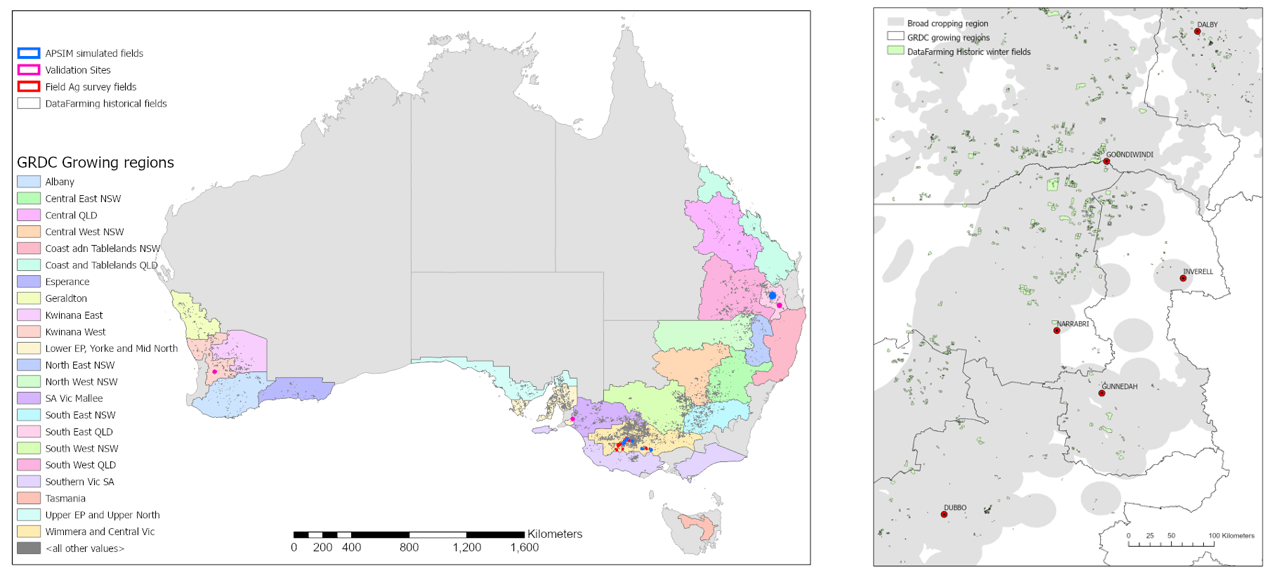(Left) Map of Australia showing distribution of Data Farming historic field polygons covering seasons from 2018 to 2021; Location of crop validation sites, APSIM simulations and survey fields in Victoria. (Right) Zoomed in view of field data for north-eastern Australia (NEAUS).