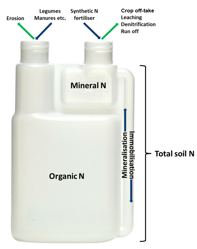 Image showing a twin chamber measuring bottle provides a good analogy for soil N – most N in the soil is in organic form (bottom chamber), but crops mainly take up N in mineral form (top chamber).