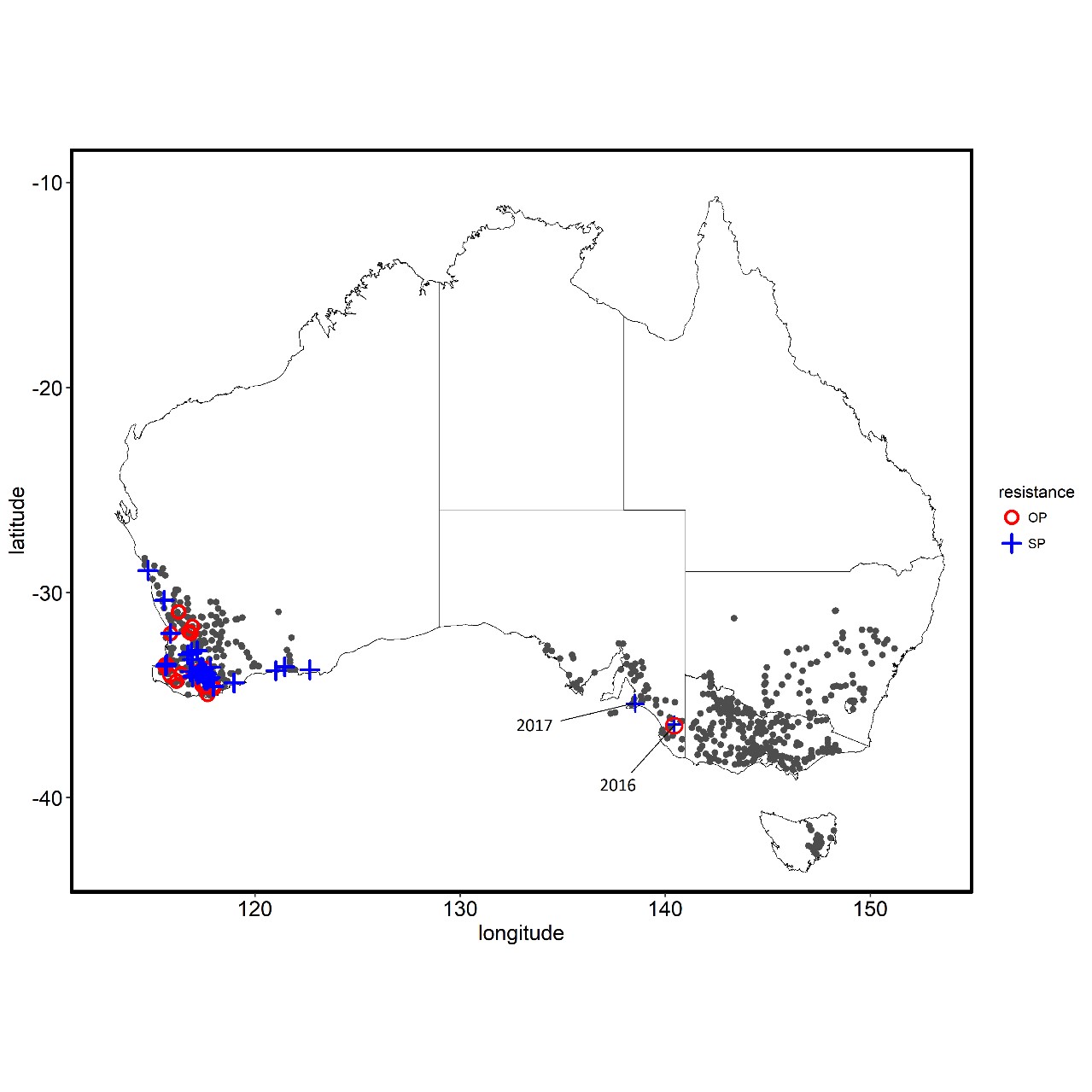 In 2016, following reports of a field control failure in the Upper South East district in South Australia (SA), resistance testing determined this SA population was resistant to SPs and OPs. In 2017, two additional SP resistant populations were confirmed on the Fleurieu Peninsula (approx. 30km apart from each other, and approx. 200km from the 2016 detection).