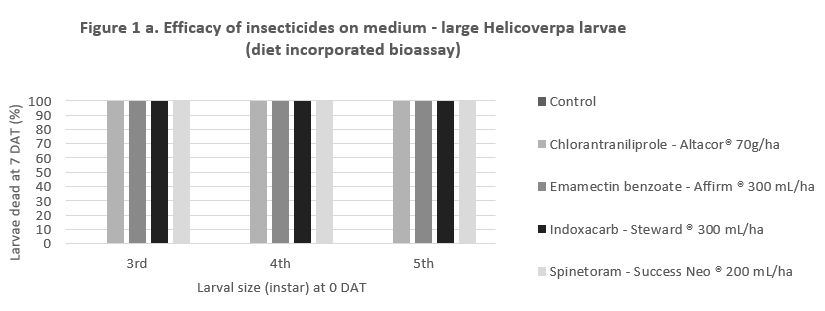 Figure 1a is a column graph shows the relative efficacy (a) direct contact and (b) residual, of softer options for Helicoverpa control in chickpea and mungbean crops.