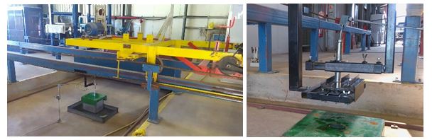 This is two photographs showing the University of SA's mobile rig driving the straw sample tray at controlled speeds (left); close-up view of the sample-holding tray and stationary nozzle holder (right).