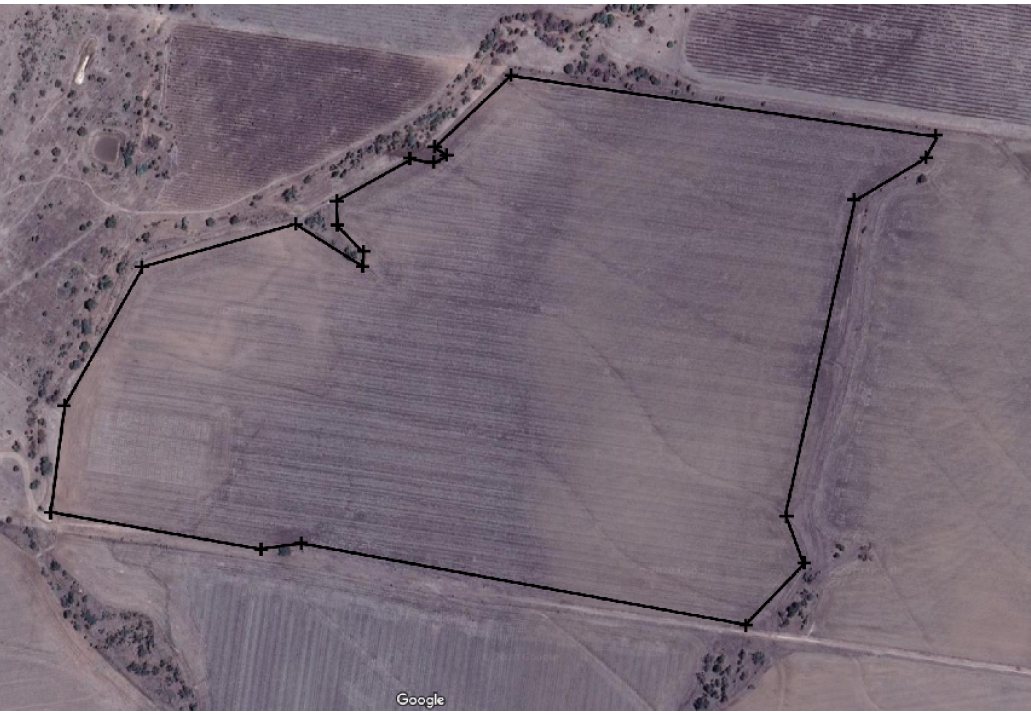 This aerial photograph shows the Grandview field boundary, which will be used as an illustration site; the user will enter this boundary by navigating and clicking the boundary points on a map