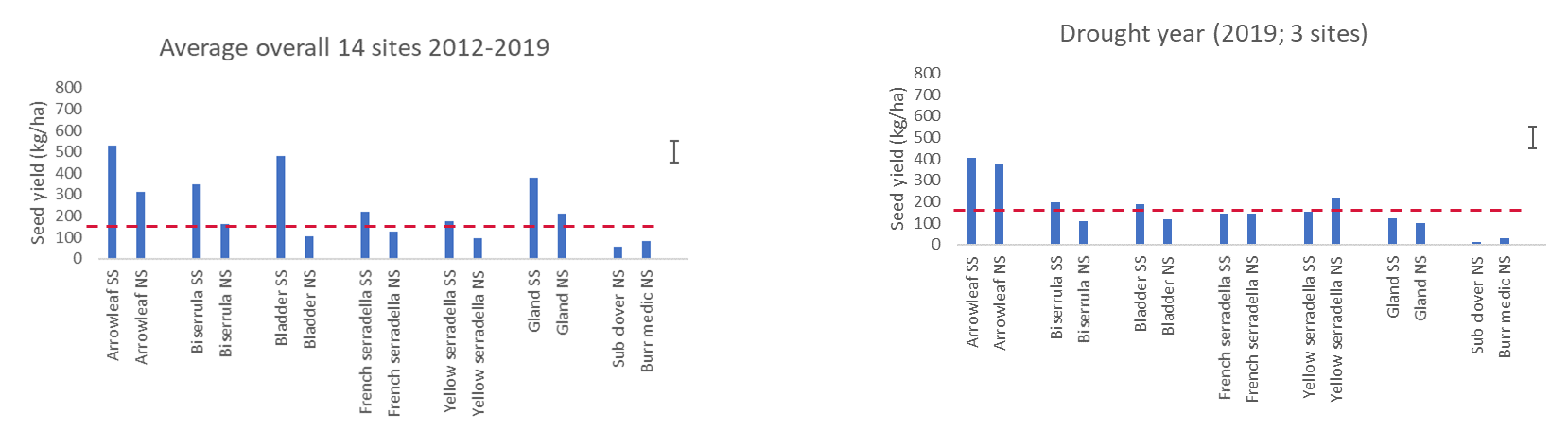 These two column graphs show the seed yield (kg/ha) for a range of annual legumes sown either as unscarified/in-pod seed in mid to late summer (SS) or as scarified seed in May (NS) averaged across 14 sites from 2012-2019. The seed yield under severe drought (2019) conditions is also shown. Red dotted line = minimum seed set of subterranean clover and annual medics of 150 kg seed/ha 