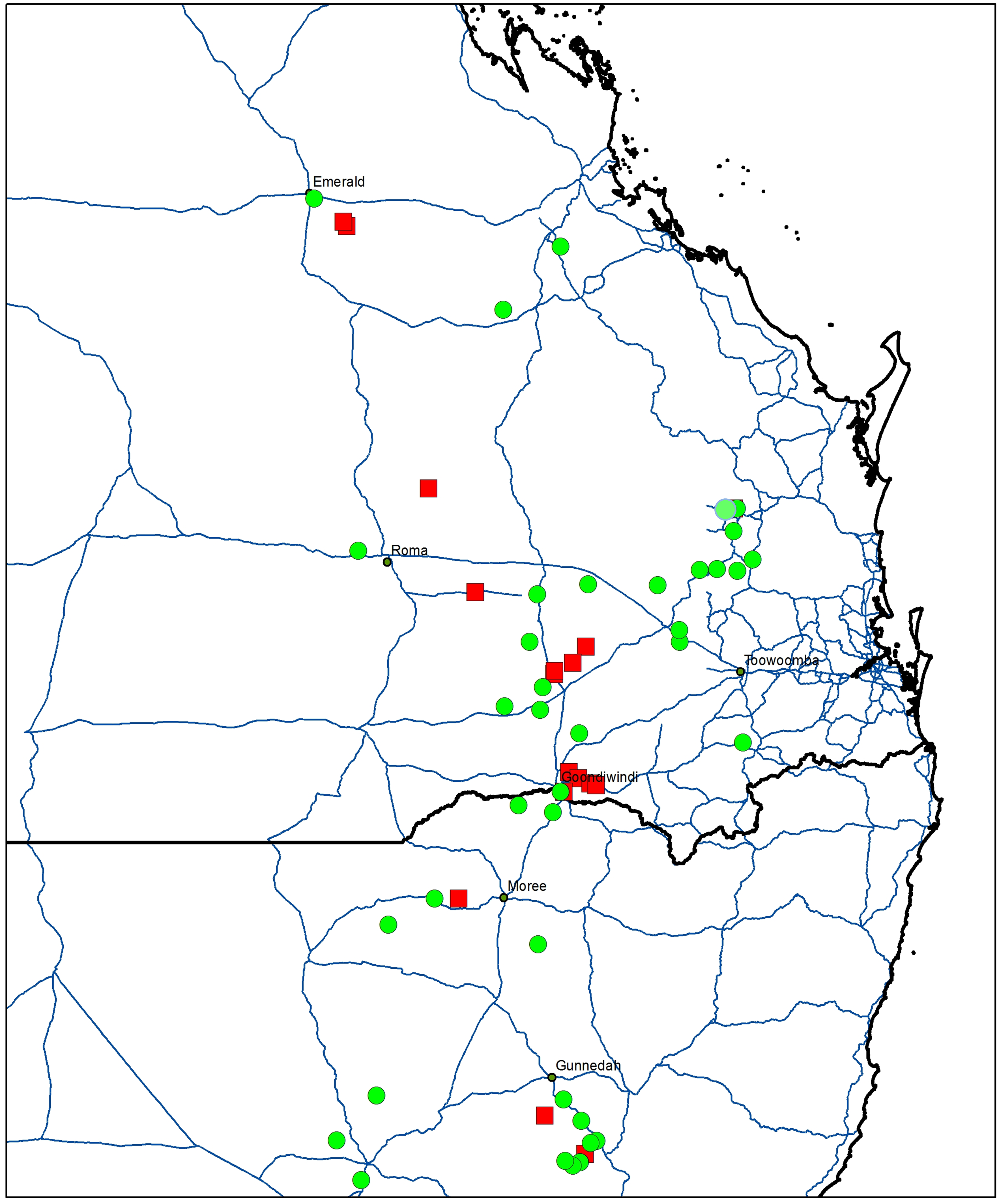 This map shows the distribution of glyphosate resistant and susceptible awnless barnyard grass populations across the northern grain cropping region. Red squares represent glyphosate resistant populations while green circles represent susceptible populations.
