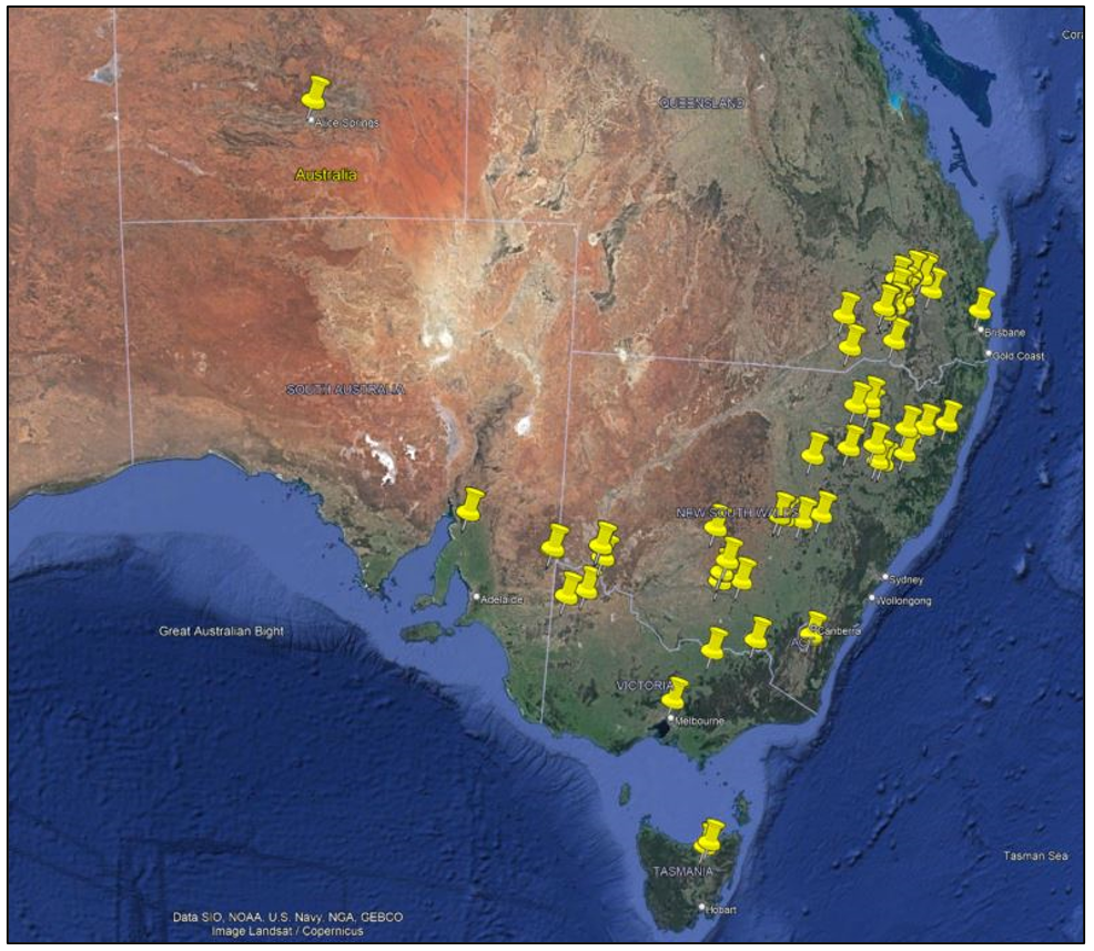 Map displaying the distribution of biocontrol agent release sites across south-eastern Australia.
