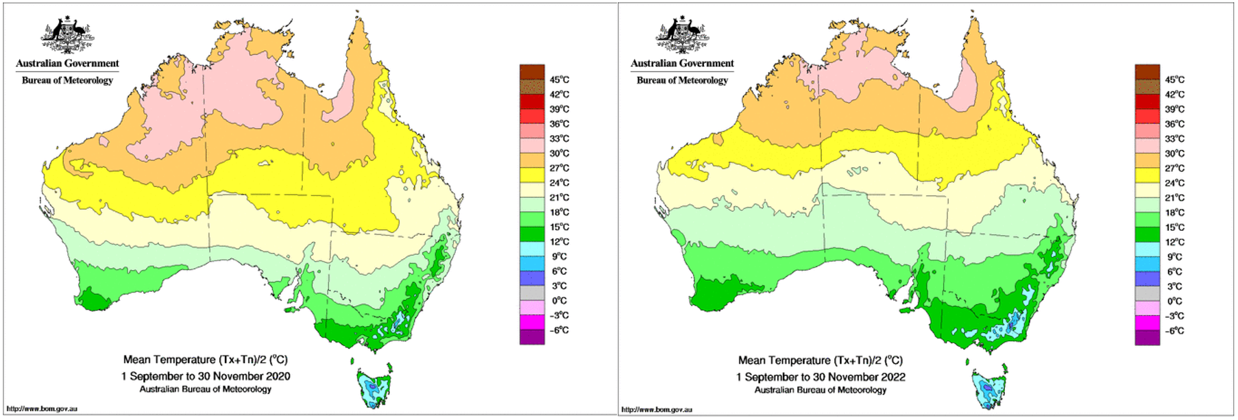 Maps of Australia showing the mean daily temperature for spring (Sep-Nov) in 2020 (left) compared with 2022 (right).