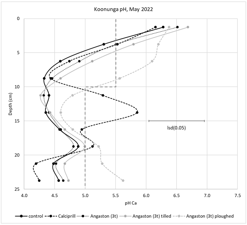 Impact of treatments on pH of profile at Koonunga. 