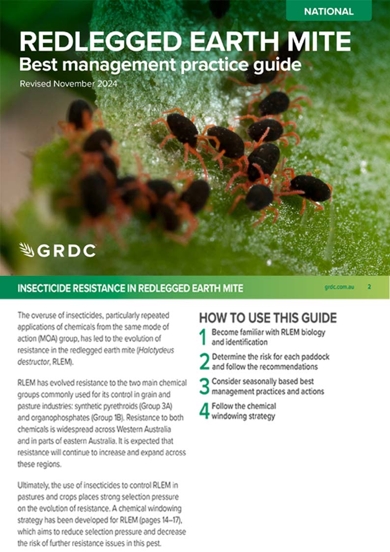 Cover of redlegged earth mite best management practice guide showing image of RLEM on a leaf with their distinctive black bodies and red legs