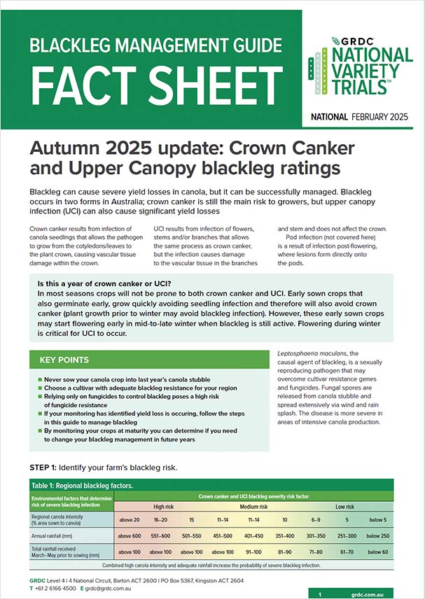 Cover of the autumn 2025 blackleg management guide showing text and a table growers can use to identify the risk of blackleg infection on their farm