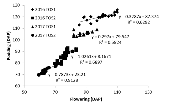 Figure 2 is a scatter graph showing correlations between the flowering and podding dates of genotypes in  two contrasting seasons