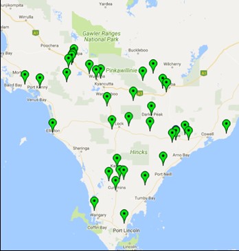 Map of the locations of the soil moisture probes on Eyre Peninsula.