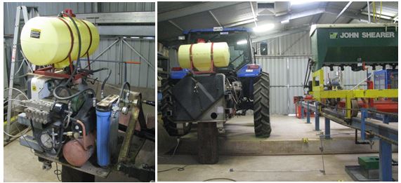 This is two photographs showing the tractor PTO-powered direct-drive triplex UHP pump and water supply kit provided by SANTFA/Flow International