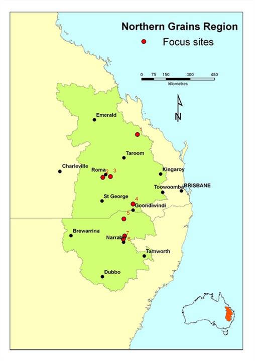 This is a map showing the focus sites of the study in the Northern Grains Region. 