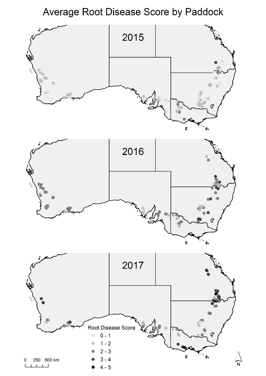 This is three maps of Australia showing root disease incidence score (on a 0-5 scale; 0=healthy and 5=diseased) for each field across all regions during the 2015 to 2017seasons. Average root disease score varied between fields within a region, between regions and seasonally.  Results show widespread moderate levels of root disease in cereal crops across Australia.  Average root disease scores across all regions during 2015 to 2017 were: southern=1.5 to 1.8, western=1.2 to 2.7 and northern=1.5 to 3.4.