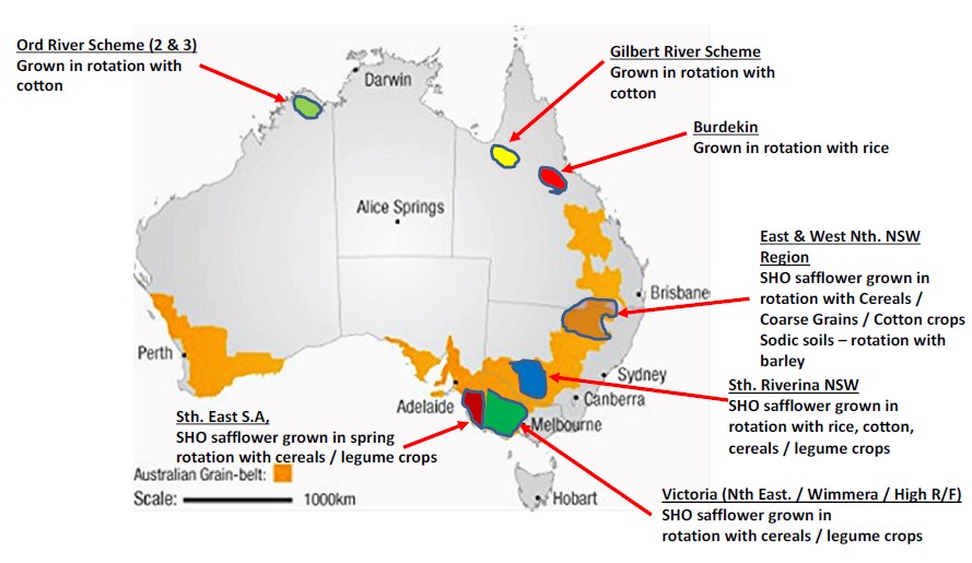 Diagram showing the safflower production locations in australia