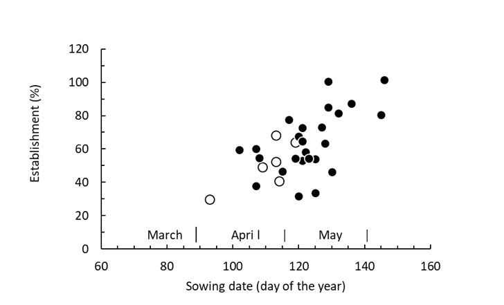 The relationship between sowing time and crop establishment in canola in the southern region and the western region.