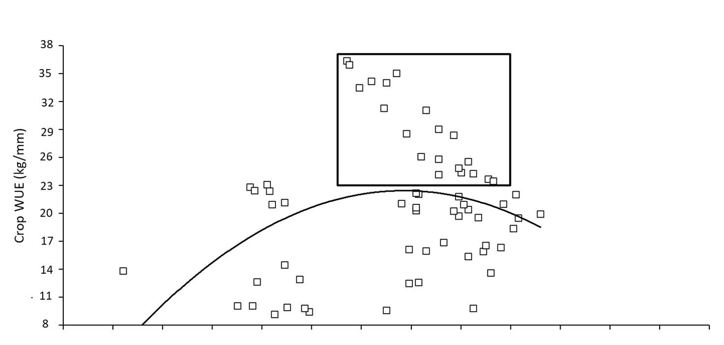 Graph showing the relationship between crop WUE and plant available soil water (PAW, mm) sampled at the start of the sowing window for wheat (top, open squares), chickpea (middle, grey triangles) and sorghum (bottom, black circles) across farming systems experiments.