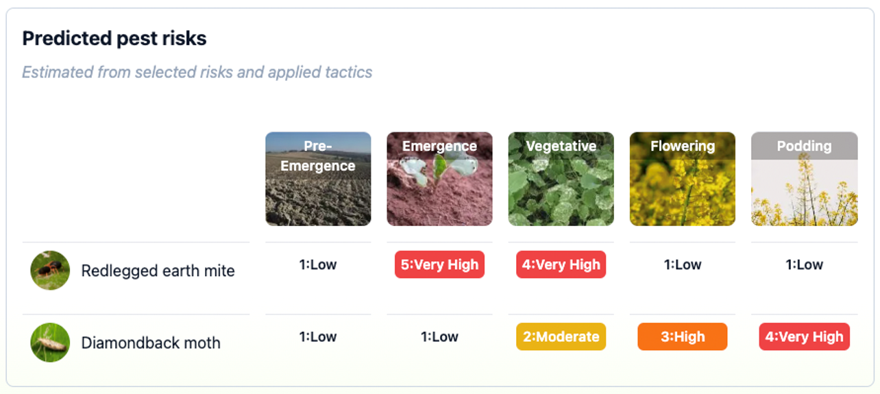 Images displaying how the interactive tool shows a crop calendar of risks for selected pests based on the user-selected risk factors and management tactics.