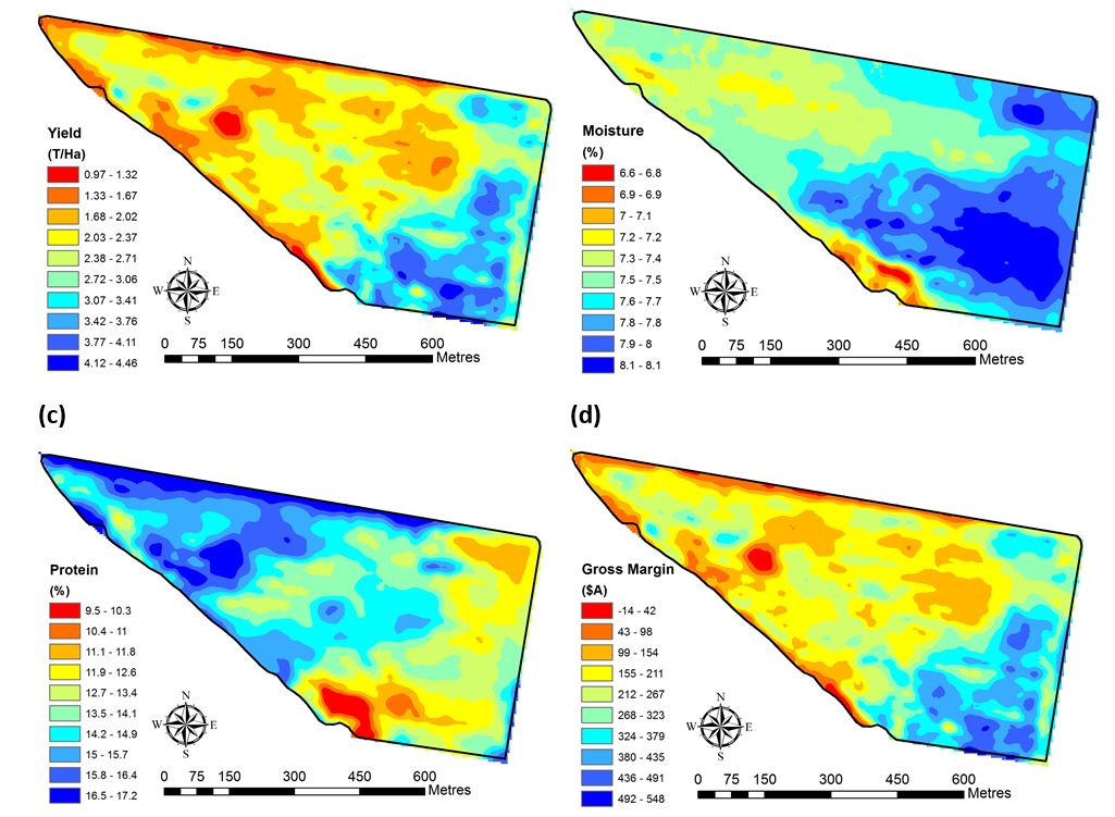These four maps show the grain yield (a) grain moisture (b) grain protein content (c) and site-specific gross margin (d) maps made by combining all three data layers, applying quality premiums/discounts and subtracting uniform variable costs of production.