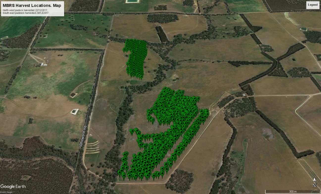 Aerial photo of trial site showing locations of use of grain cam.