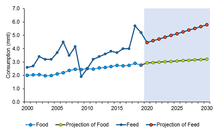 This line graph, with projections, shows the domestic consumption of wheat as food and feed (including industrial uses). Source: AEGIC based on USDA projections