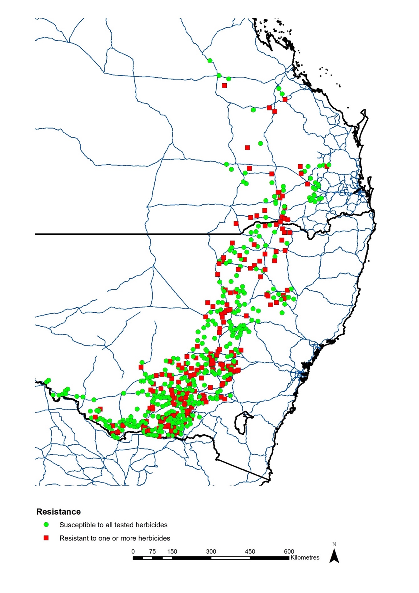 This map shows the distribution of northern region wild oat populations that are herbicide susceptible (green circles) or resistant (red squares).