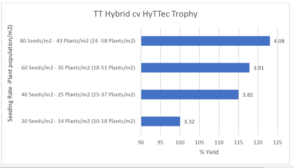 Influence of plant population on seed yield (t/ha) using the RR hybrid 45Y28 in six irrigated trials conducted at Finley and Kerang, in 2020 and 2021.