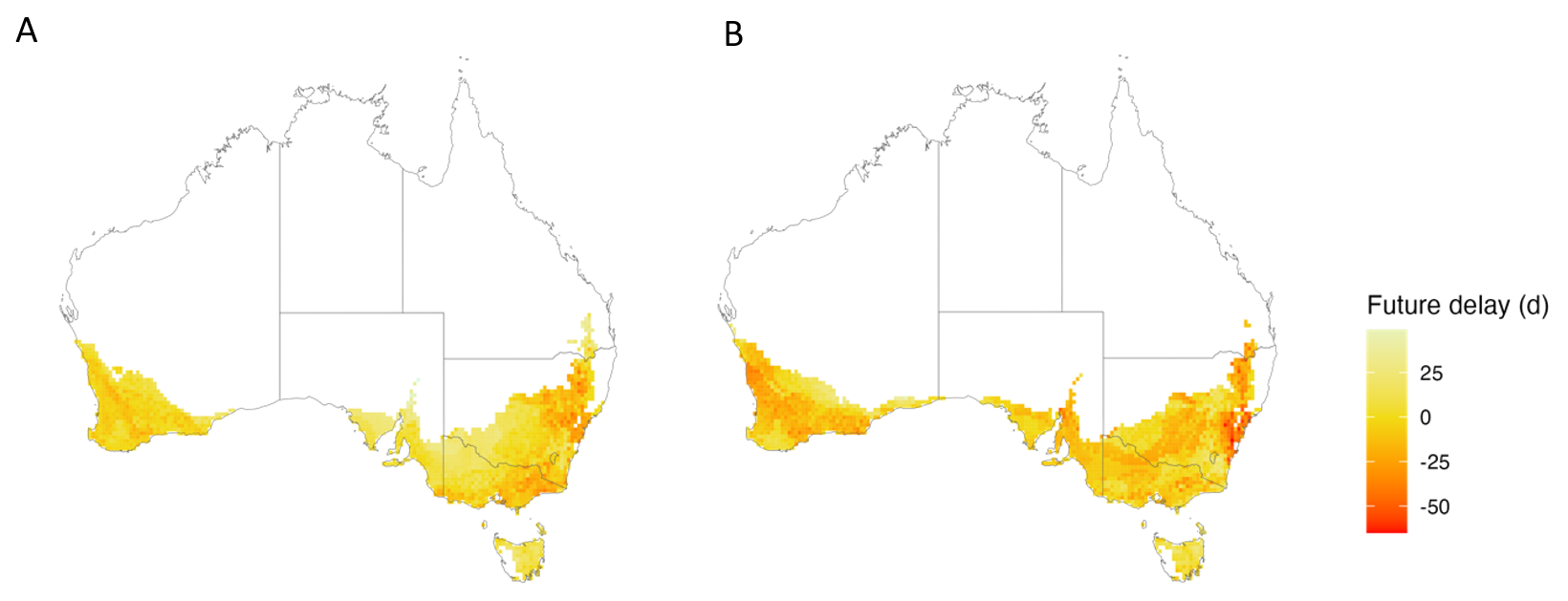 Geographical maps showing predicted shifts in the point of 90% diapause by 2050 under the SSP245 warming scenario (A) and the more extreme SSP585 scenario (B).