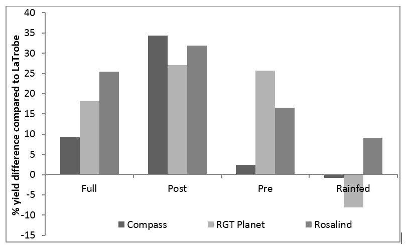 Figure 3. Percentage difference in grain yield of three barley cultivars as compared to La Trobe when treated with four irrigation treatments.