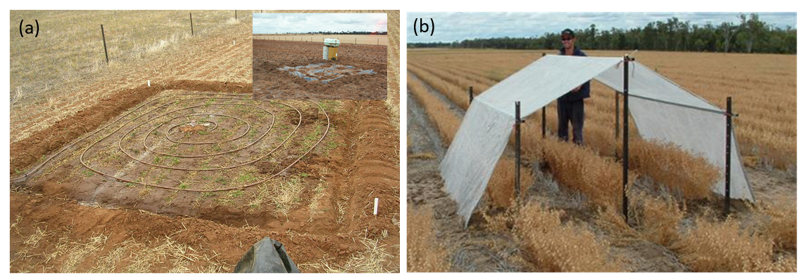 The photos show (a) Wetting up for DUL determination and (b) rainout shelter used for CLL determination
