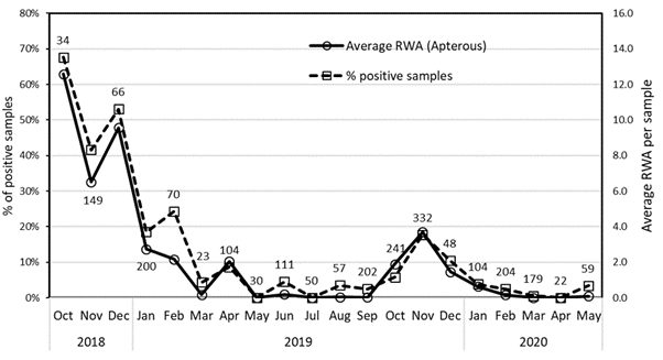 This line graph shows the dynamics of the percentage of positive samples (dotted line, left axis) and average RWA per sample (Solid line, right axis) over time in SA. Samples were 2 litres of grass extracted in a Berlese funnel.  Numbers above markers show number of samples taken per month. n = 2285 