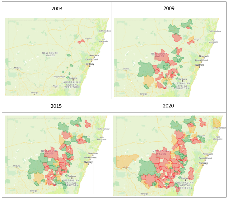 These four maps show the occurrence of glyphosate resistance in annual ryegrass in NSW in 2003, 2009, 2015 and 2020. Dark green shading = postcode regions where testing has not detected glyphosate resistance in ryegrass, orange shading = postcodes where glyphosate resistance is developing and red shading = postcodes where resistance has been detected