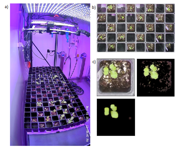 Experimental setup in ground-based laboratory – a) experimental rig, b) top view image from visible colour camera, c) basic image processing to segment plant leaves from the background